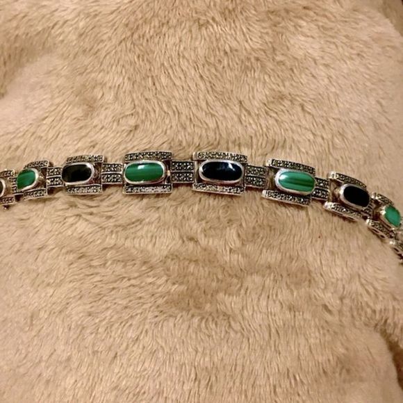 Art Deco Onyx Marcasite Malachite Sterling Silver Bracelet - Picture 4 of 13
